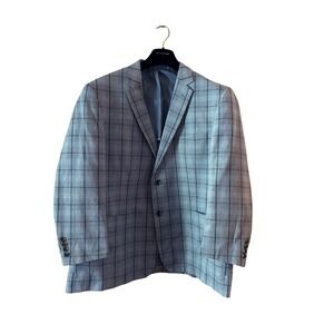 50" Blue Windowpane Check Double Vent Old Money Linen Men's Sports Coat Blazer